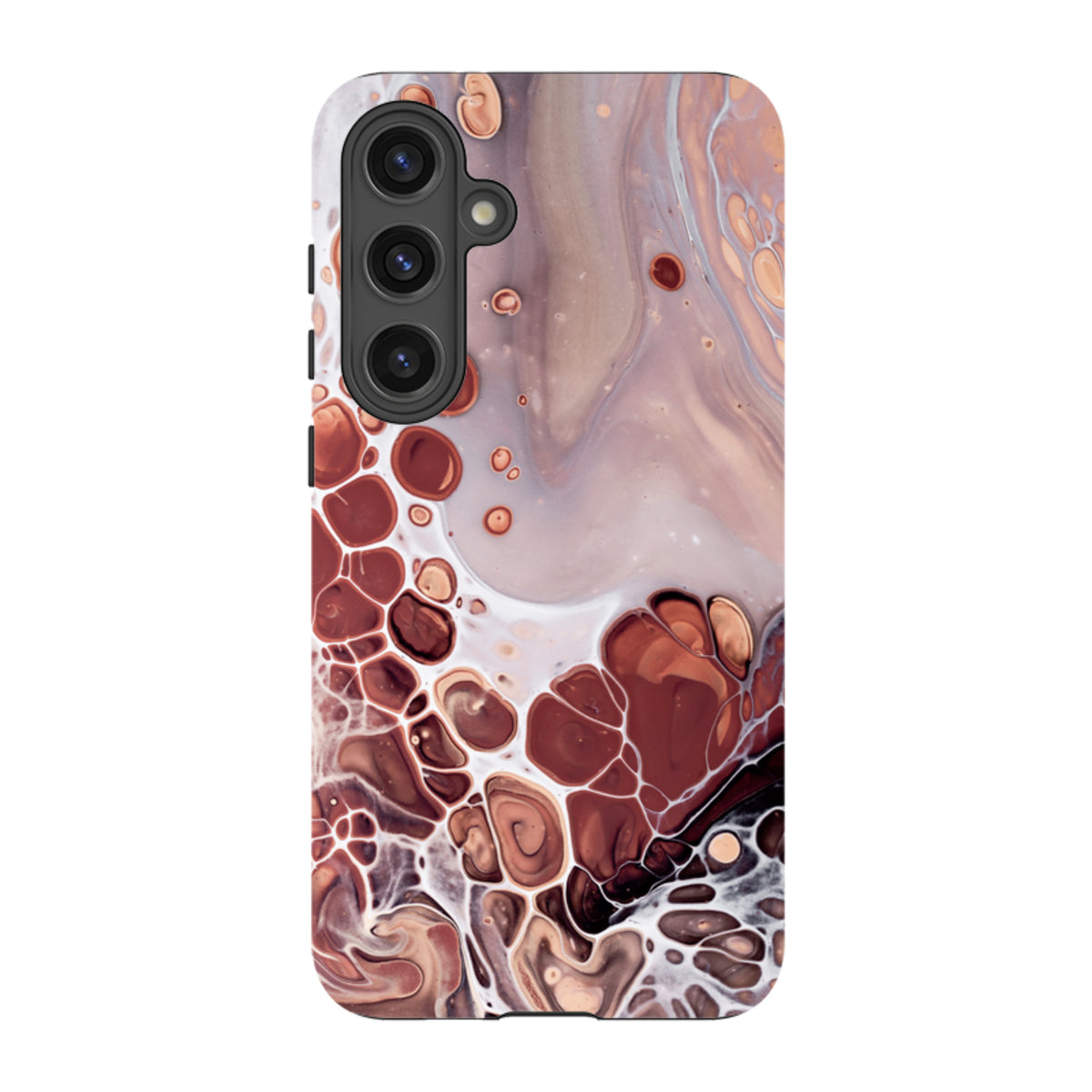 Samsung Tough Case for Galaxy with a marble-like abstract design in shades of brown, cream, and white with a triple camera.
