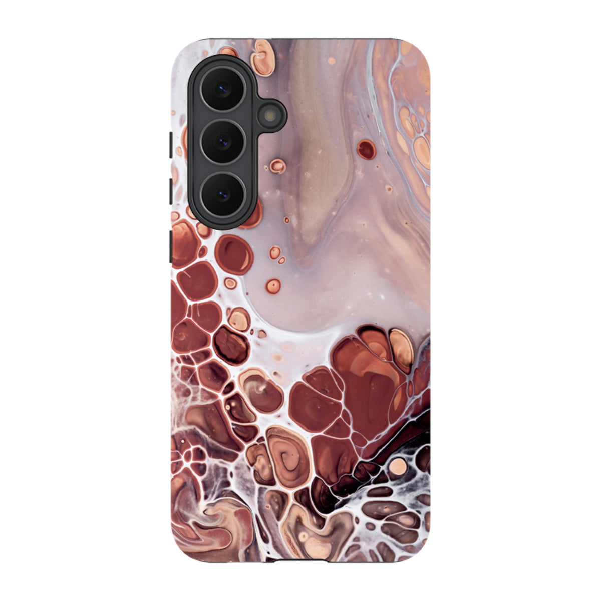 Samsung Tough Case for Galaxy featuring a vibrant, high-definition abstract marble design in shades of brown and cream.