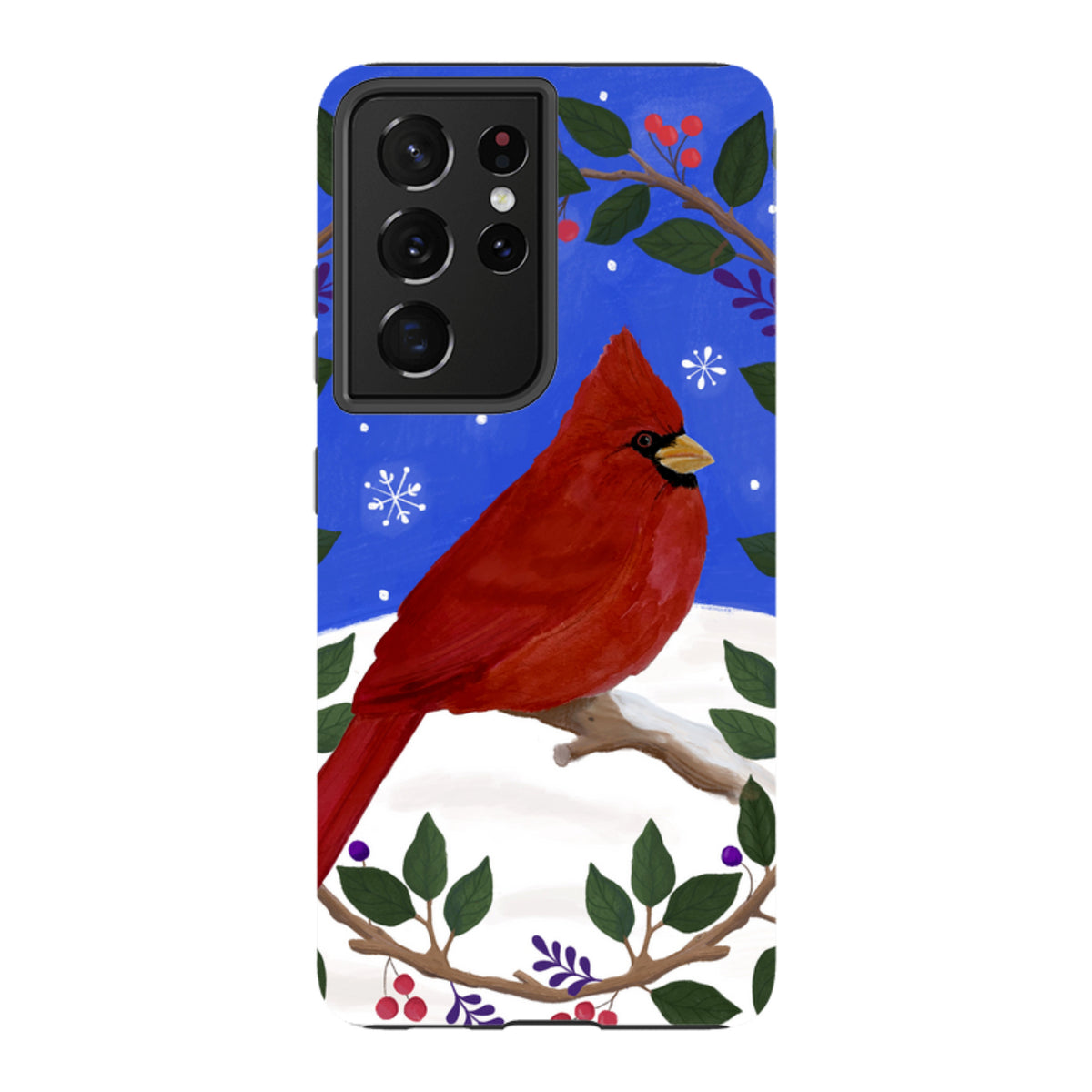 Samsung Tough Case featuring a red cardinal on a snowy branch, surrounded by a festive wreath on a blue background.