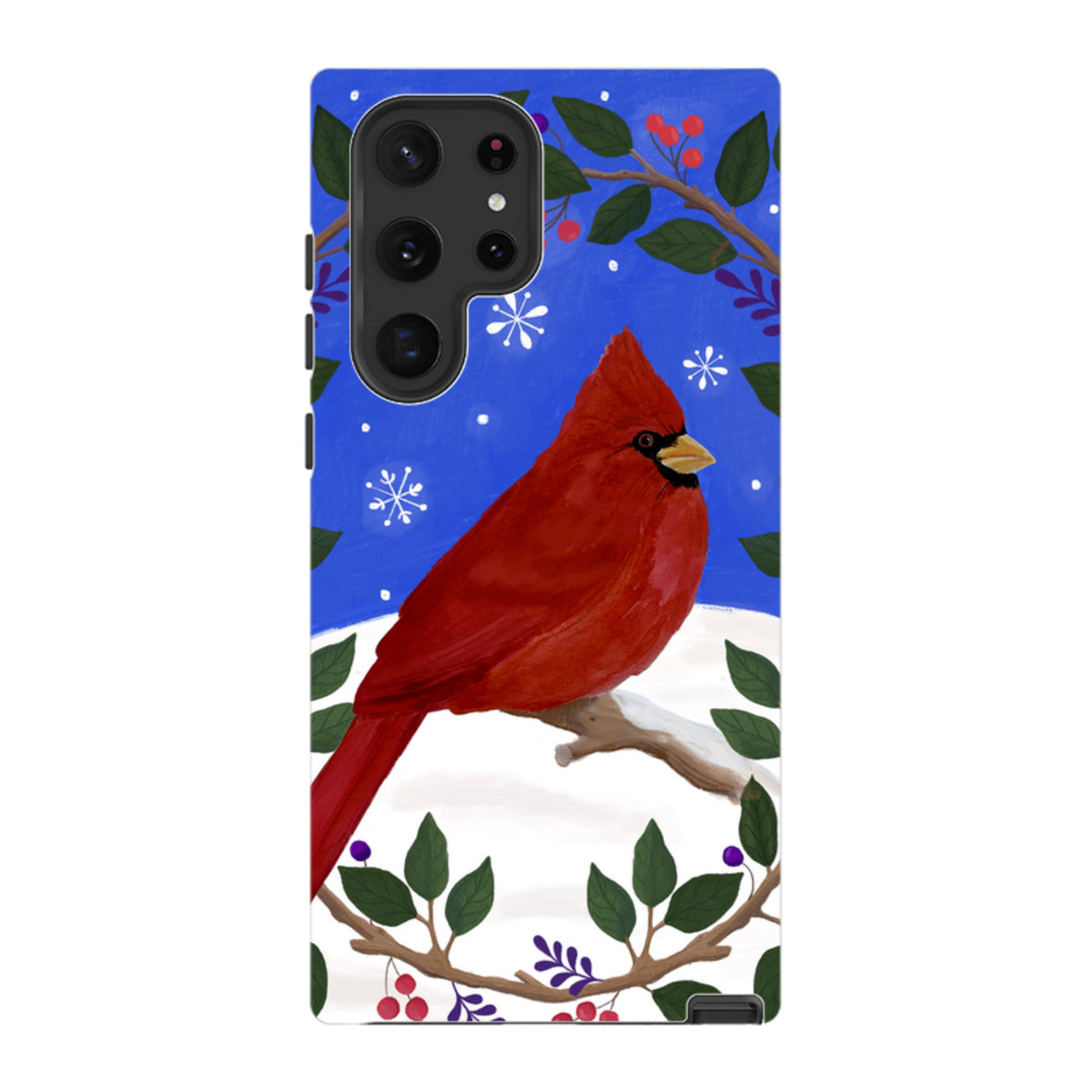 Samsung Galaxy tough case featuring a red cardinal bird on a snowy branch with a festive wreath and blue background.