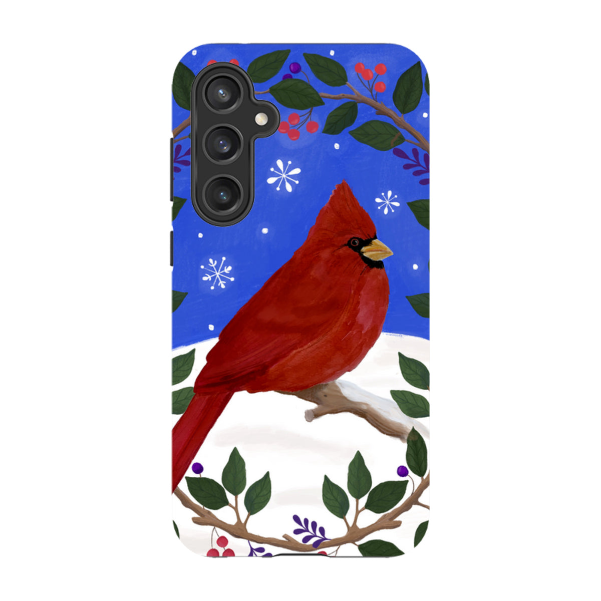 Samsung Tough Case featuring a red cardinal on a snowy branch inside a festive wreath on a blue background.
