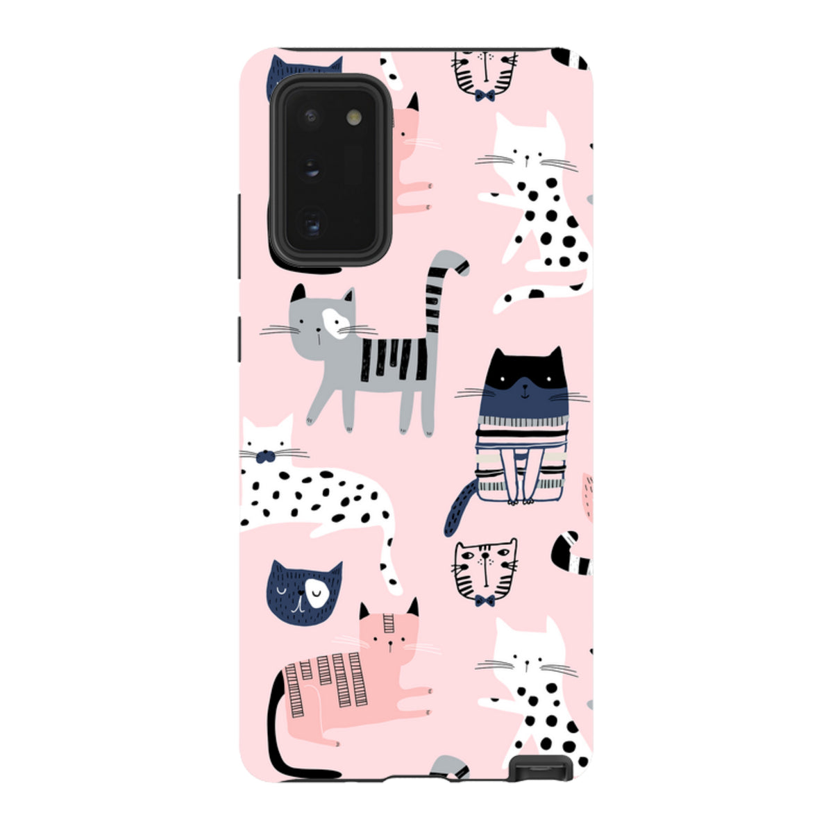 Samsung Tough Case in pink with a playful cat pattern, featuring a dual-layer design and camera cut-out.