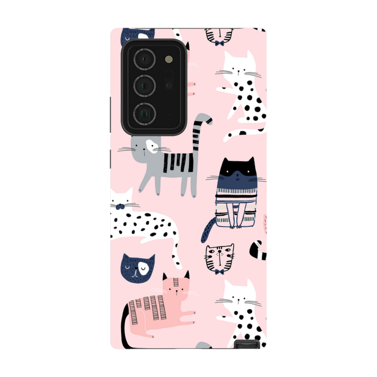 Samsung Galaxy tough case in light pink with a playful, multi-colored cat pattern and dual-layer protective design.