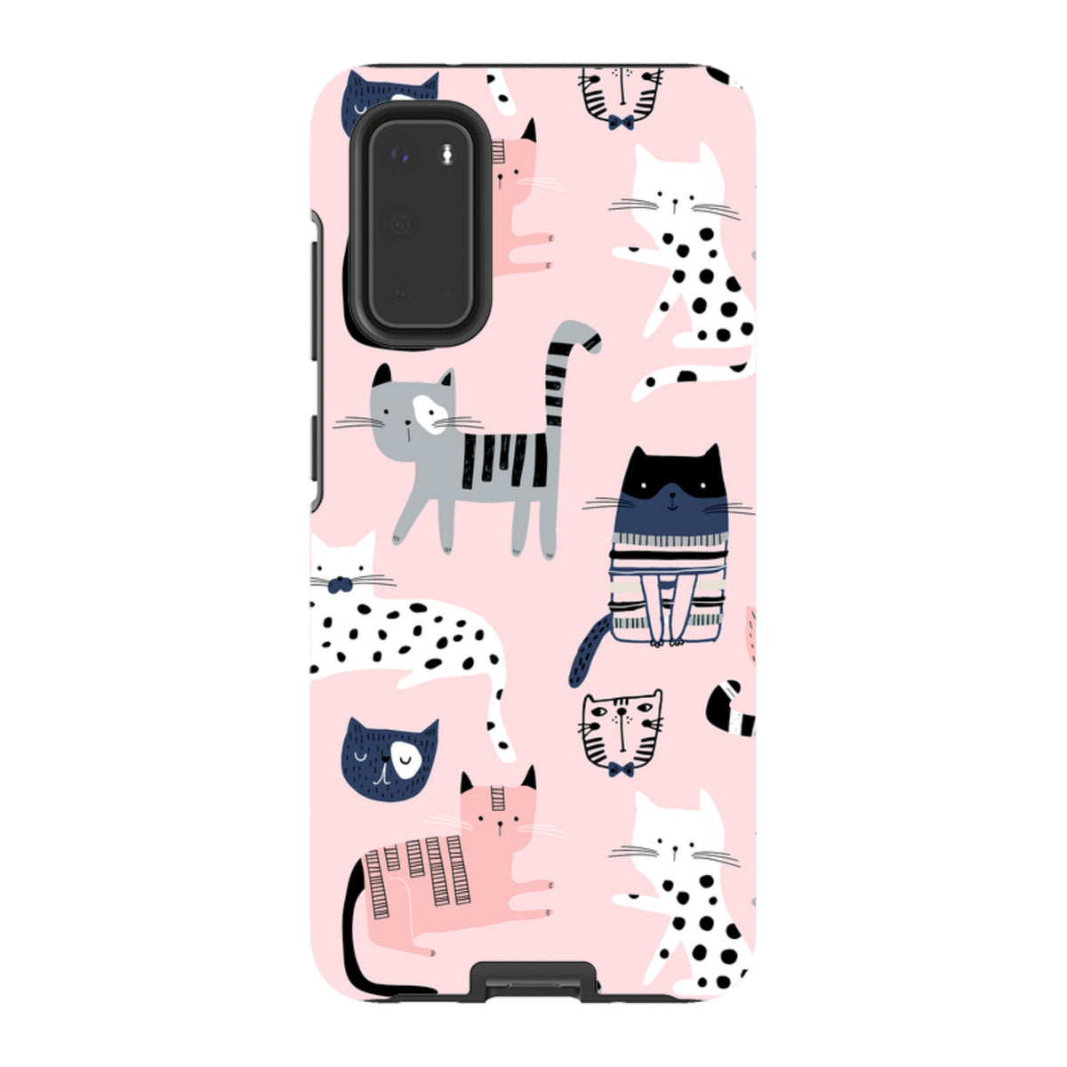Samsung Tough Case with a pink background and a playful pattern of illustrated cats in various styles and colors.