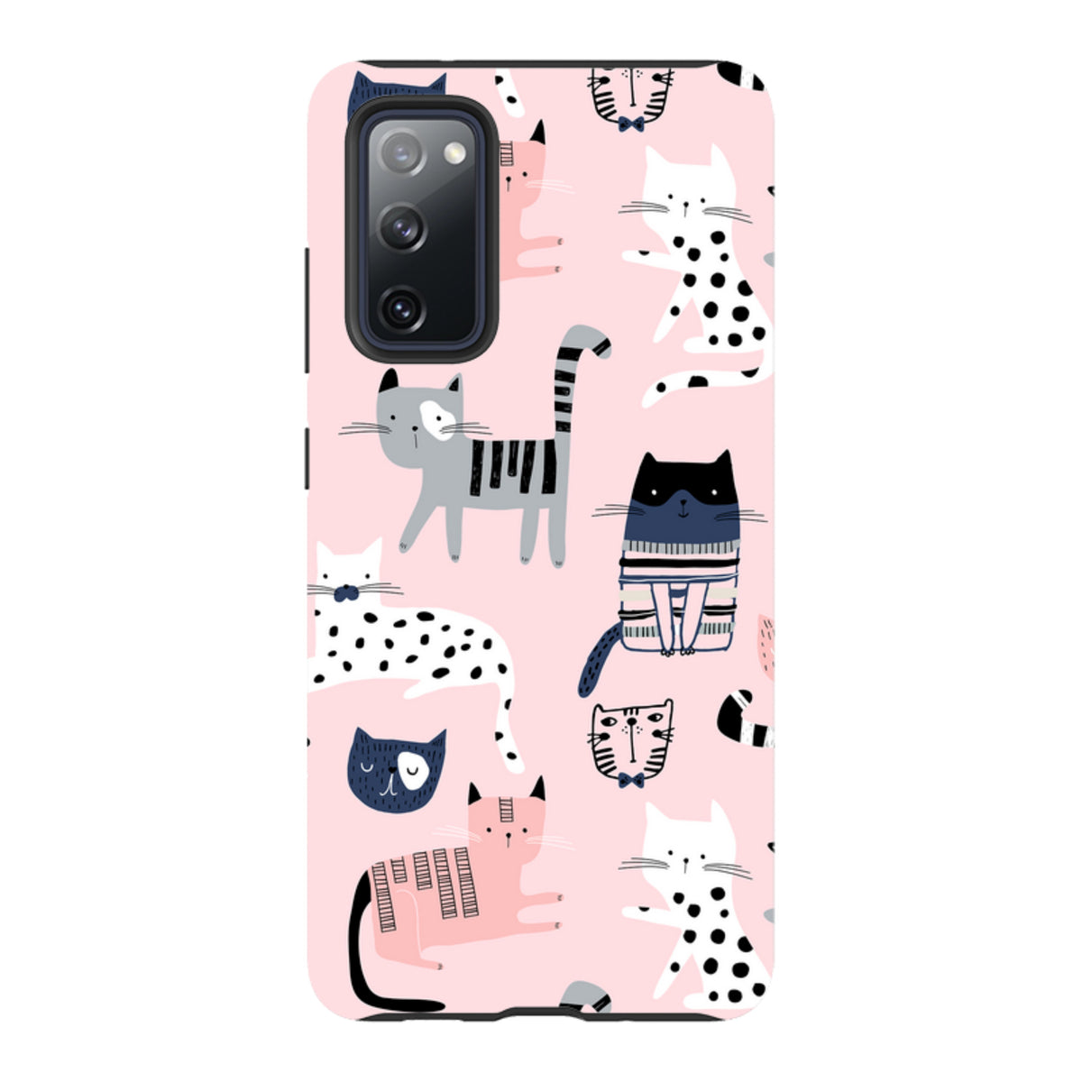 Samsung Tough Case featuring a playful pink pattern of illustrated cats in various colors, styles, and poses.