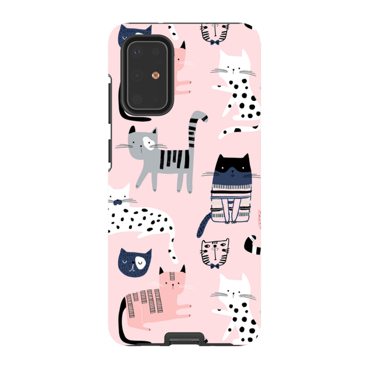 Samsung Tough Case with a pink background and a playful pattern of illustrated cats in various styles and colors.