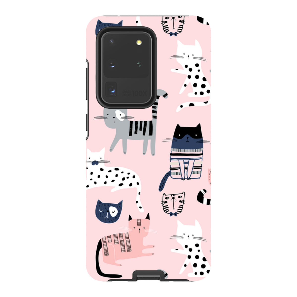 Samsung Tough Case with a pink background and a playful pattern of illustrated cats in various colors and styles.
