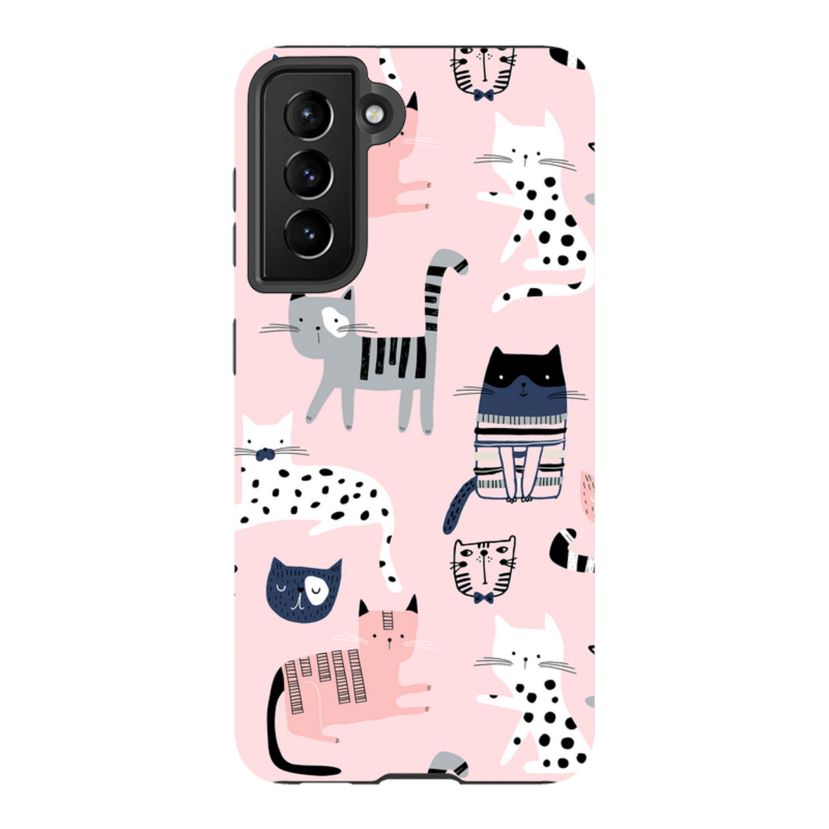 Samsung Tough Case with a pink background and a playful pattern of illustrated cats in various colors and styles.