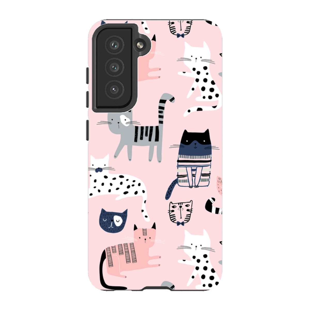 Samsung Tough Case with a pink background and a playful pattern of illustrated cats in various styles and colors.