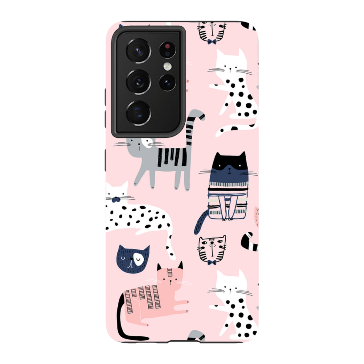 Samsung Tough Case with a pink background and playful cat pattern, featuring a dual-layer design for Galaxy phones.