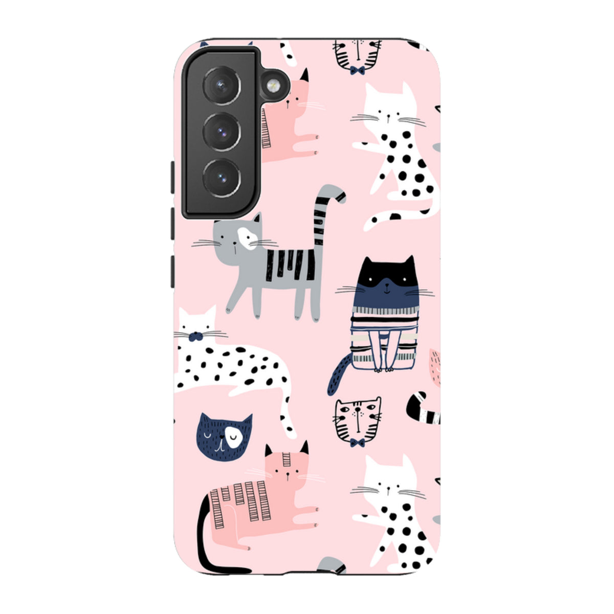 Samsung Tough Case with a pink background and a playful pattern of various illustrated cats in black, white, and grey.