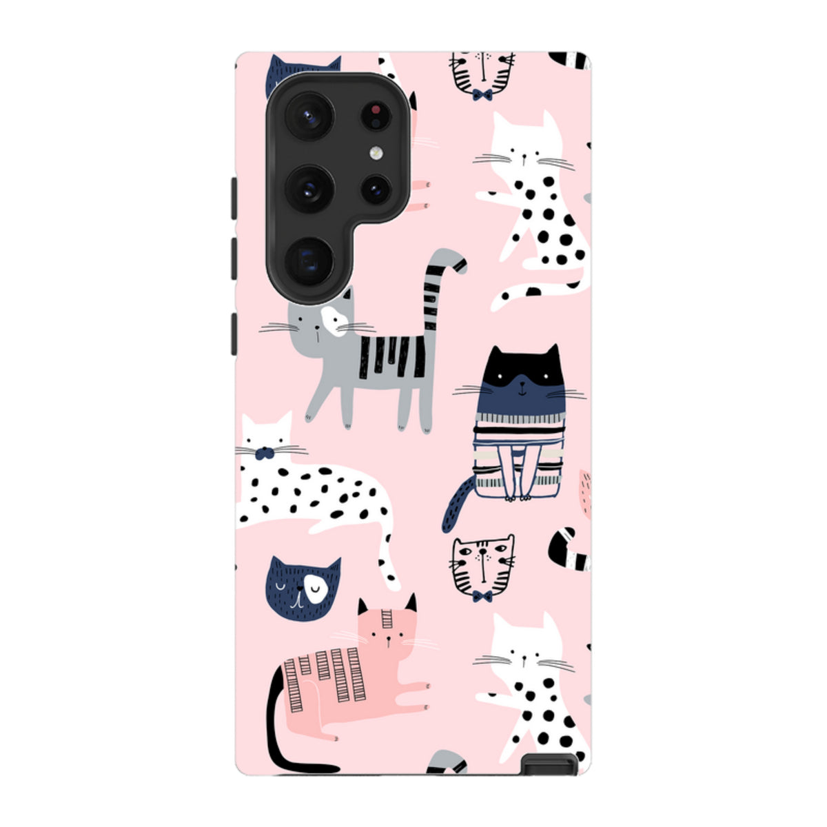 Samsung Galaxy tough case in light pink with a playful, multi-colored cat pattern and durable dual-layer construction.