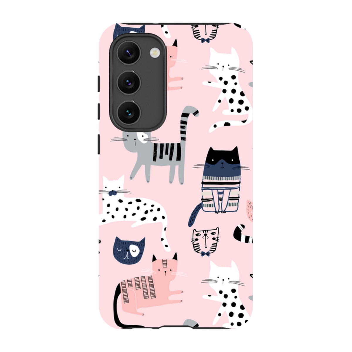 Samsung Tough Case with a pink background and a playful pattern of illustrated cats in various colors and styles.
