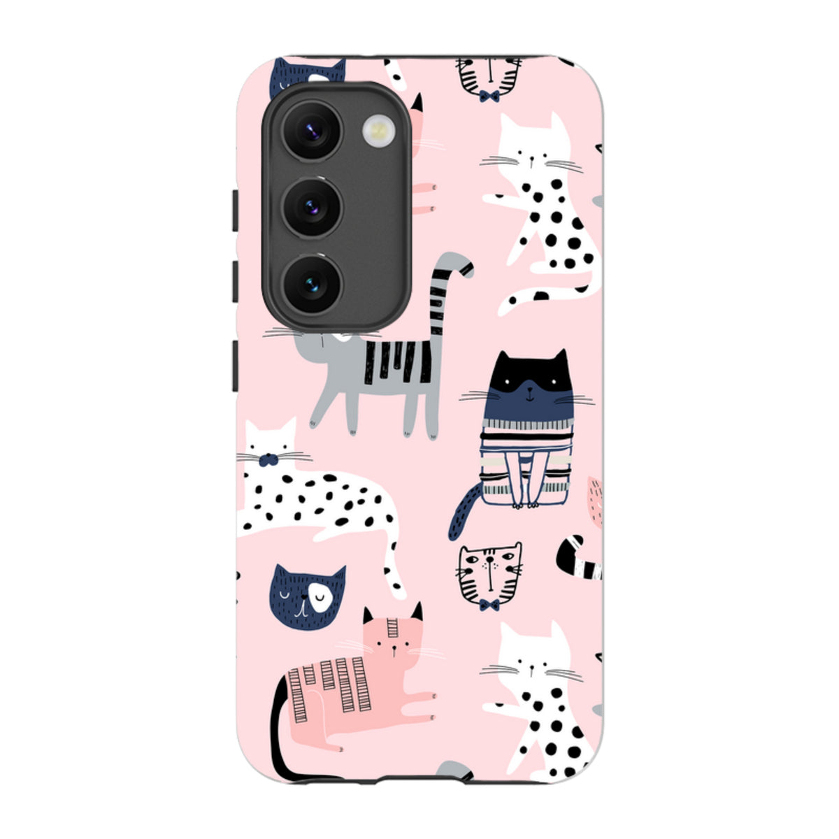 Samsung Galaxy tough case with a pink background and a playful pattern of illustrated cats in various styles.