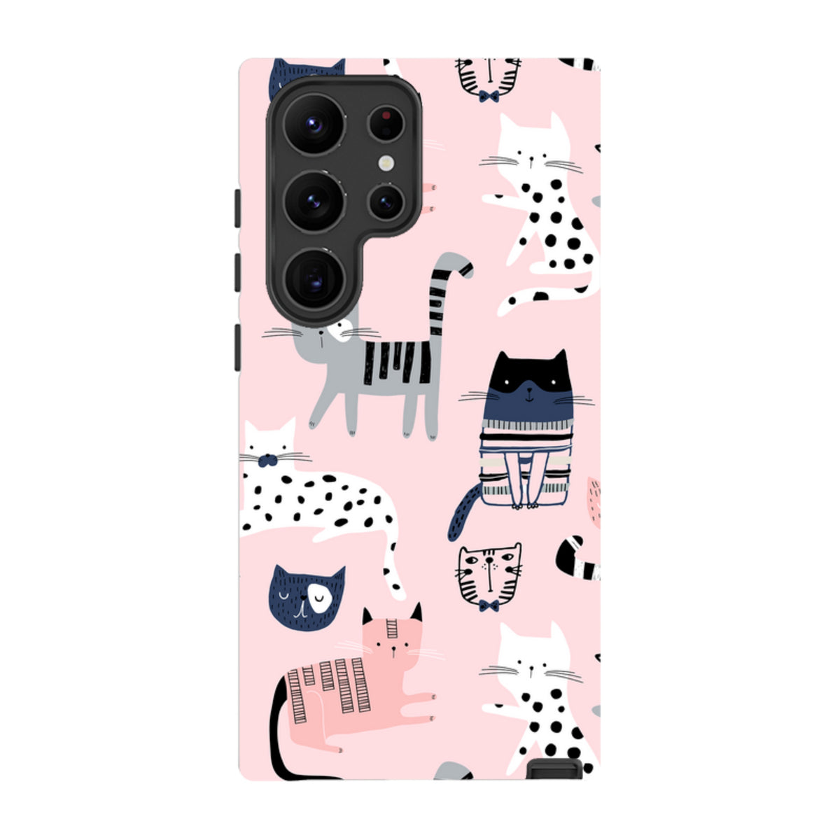 Samsung Tough Case featuring a playful cat pattern on a light pink background with dual-layer protective construction.