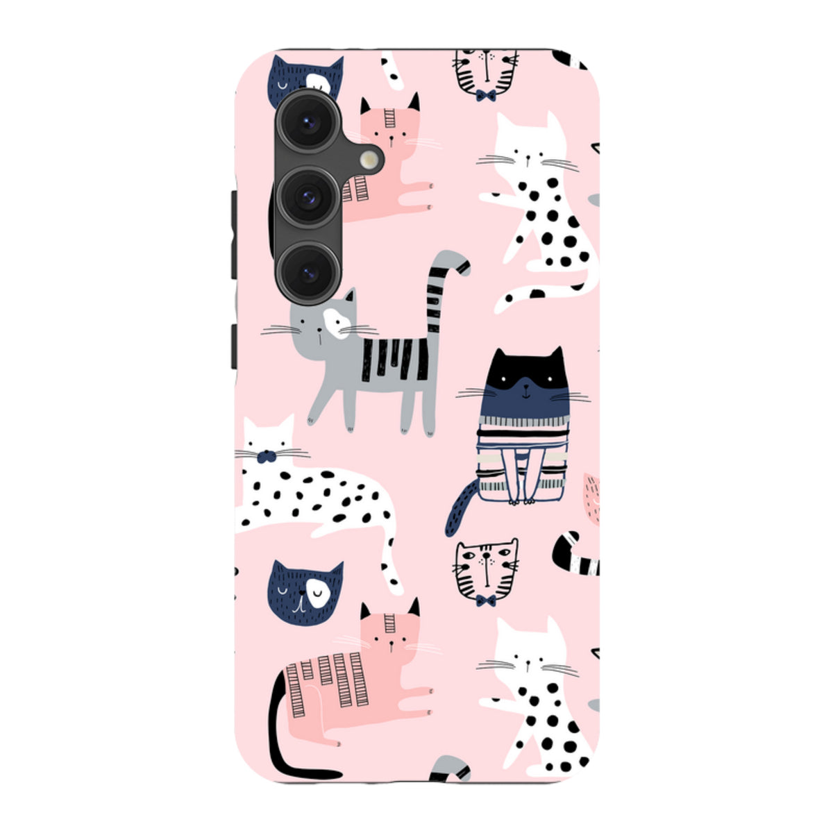 Samsung Galaxy tough case in pink with a playful, multi-colored cat pattern and dual-layer protective design.