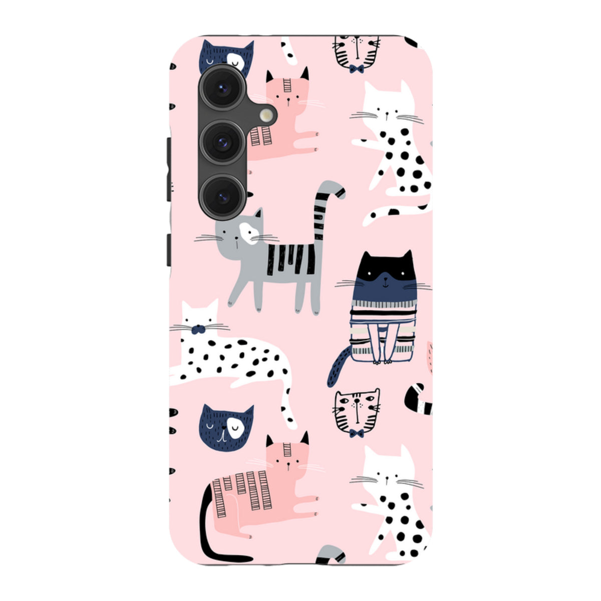 Samsung Galaxy tough case with a playful pink background and a repeating pattern of colorful, illustrated cats.