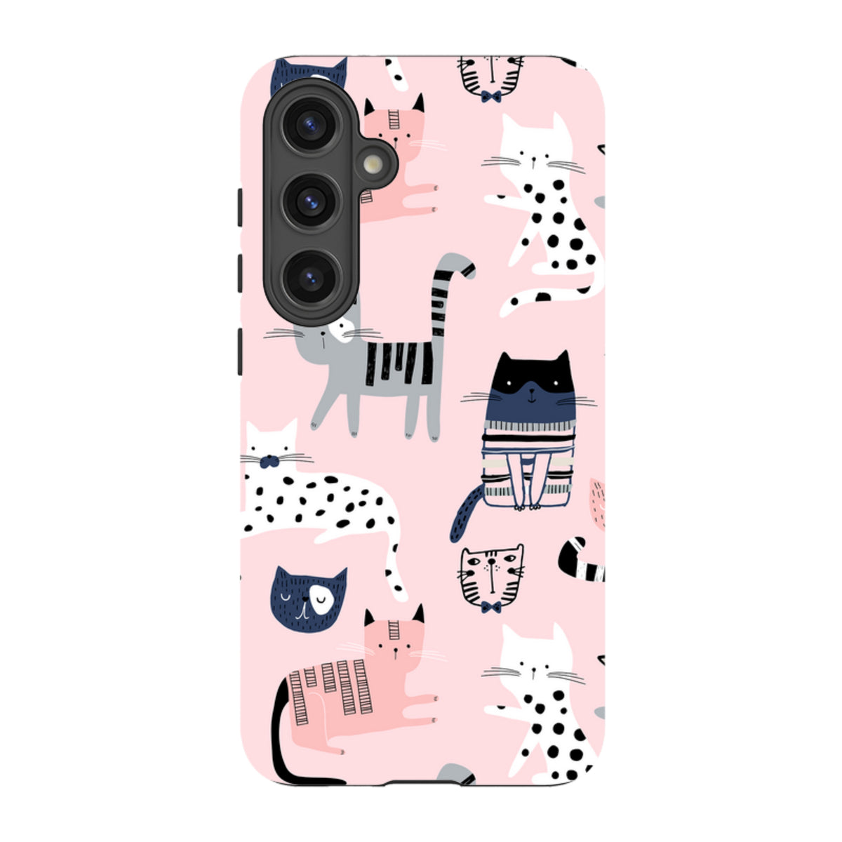 Samsung Tough Case featuring a playful cat pattern on a light pink background with a durable dual-layer design.
