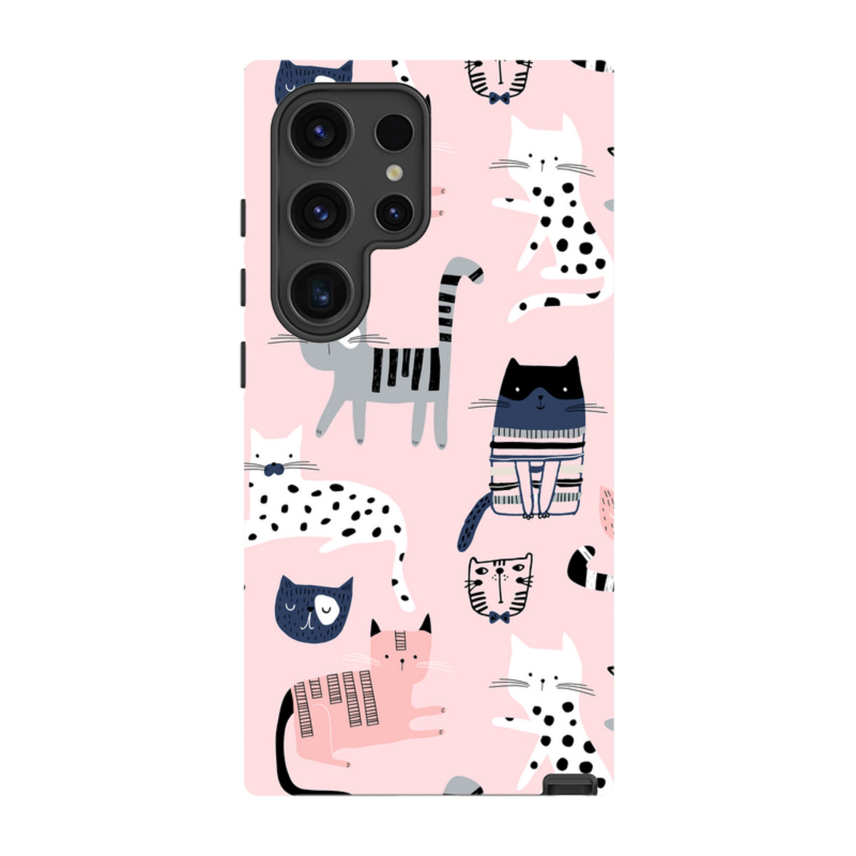 Samsung Galaxy tough case with a pink background featuring a playful pattern of illustrated cats in various styles.