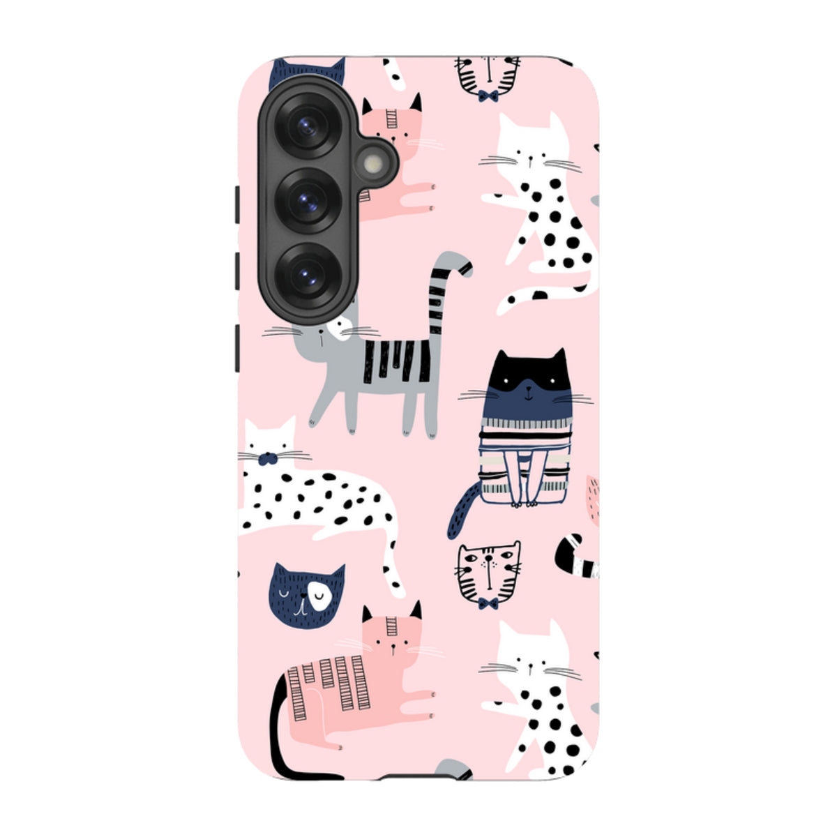 Samsung Tough Case with a pink background and a playful pattern of colorful illustrated cats for Galaxy phones.