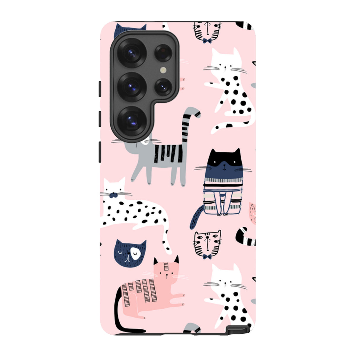 Samsung Galaxy tough case in light pink with a playful, multi-colored cat pattern and dual-layer protective design.