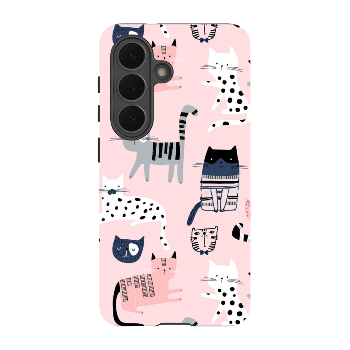 Samsung Galaxy tough case in pink with a playful, multi-colored cat pattern and durable dual-layer construction.