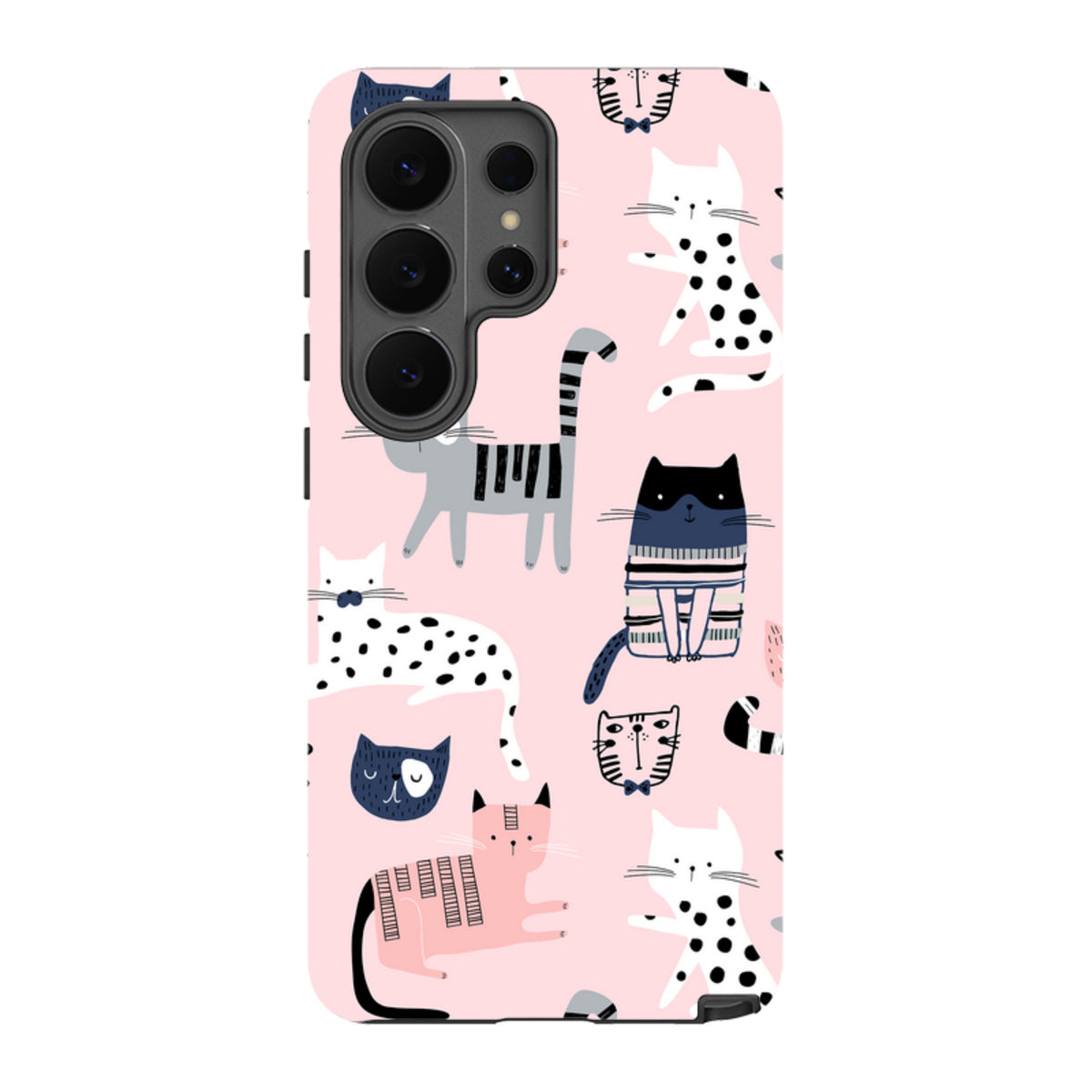 Samsung Galaxy tough case with a pink background and a playful pattern of illustrated cats in various styles.