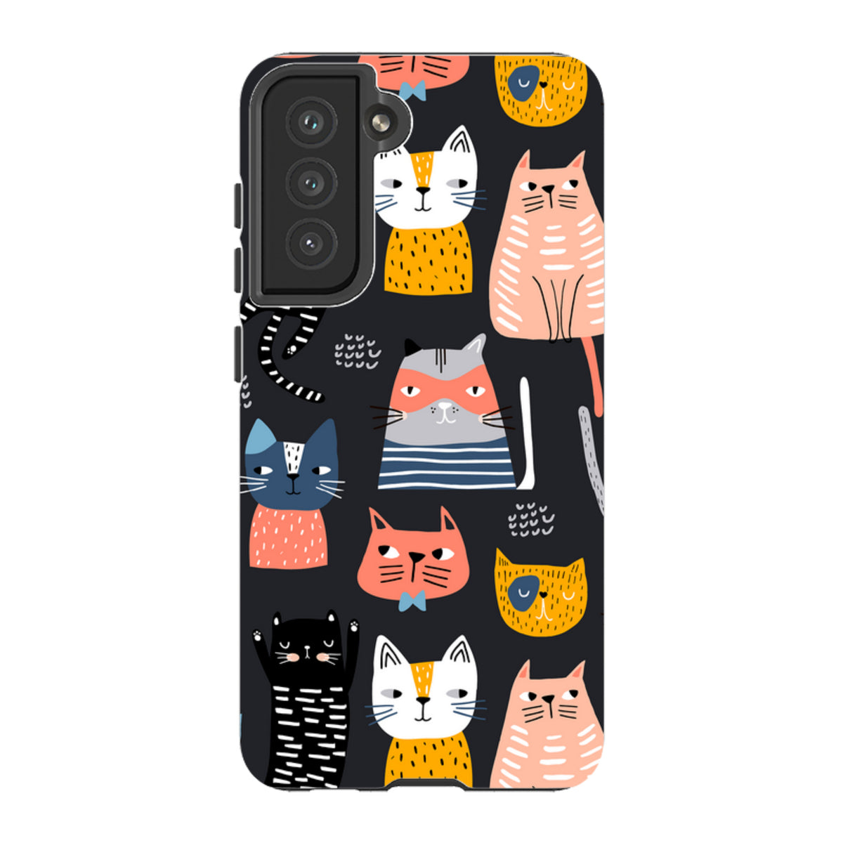 Samsung Galaxy tough case with a black background and a playful, colorful pattern of illustrated cats.