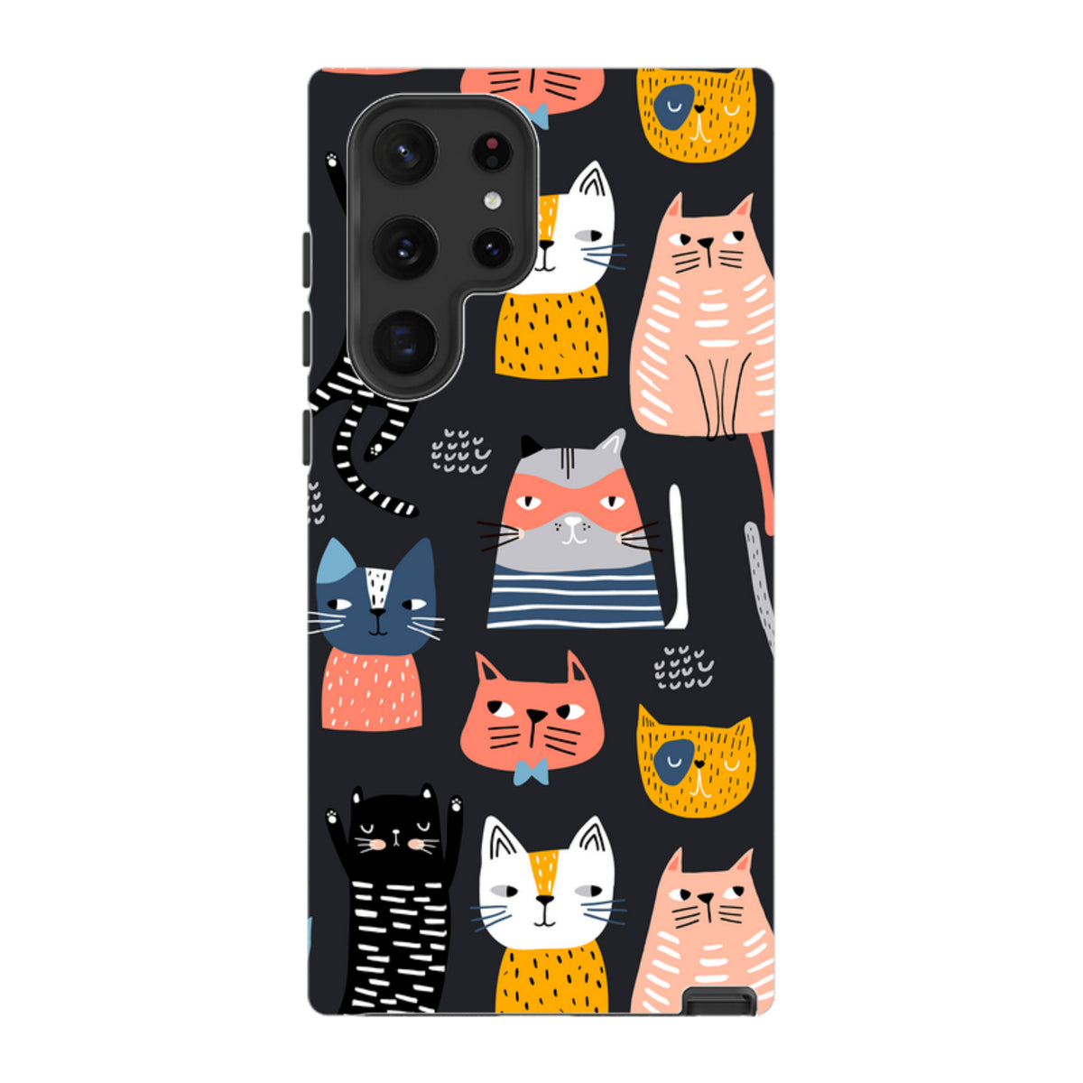 Samsung Galaxy tough case with a black background and a playful, colorful pattern of illustrated cats.