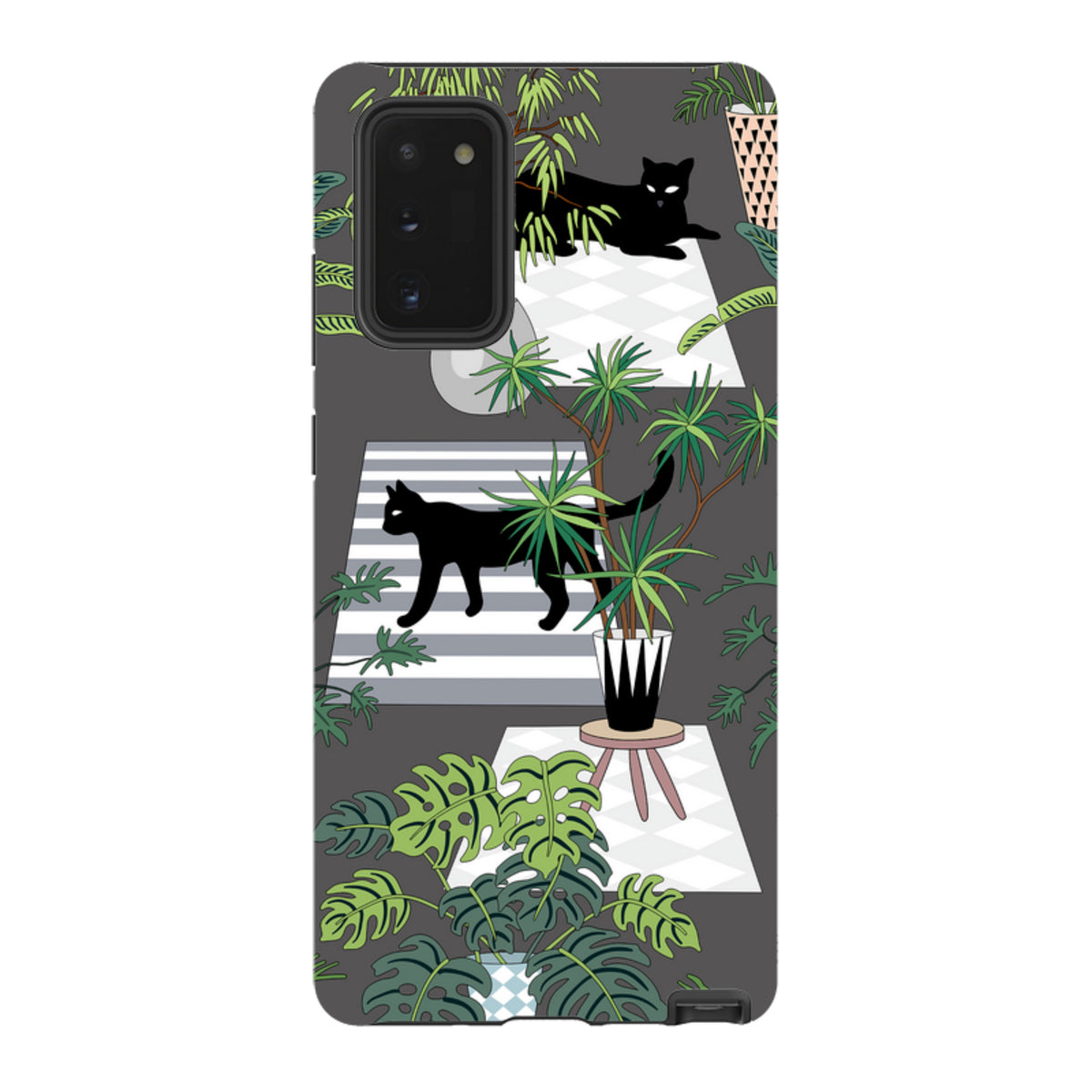 Samsung dual-layer tough case featuring a black cat and tropical plant pattern on a dark grey background.