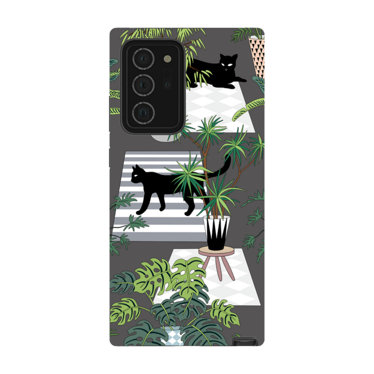 Samsung Galaxy tough case featuring a black cat and tropical plant pattern on a dark grey background.