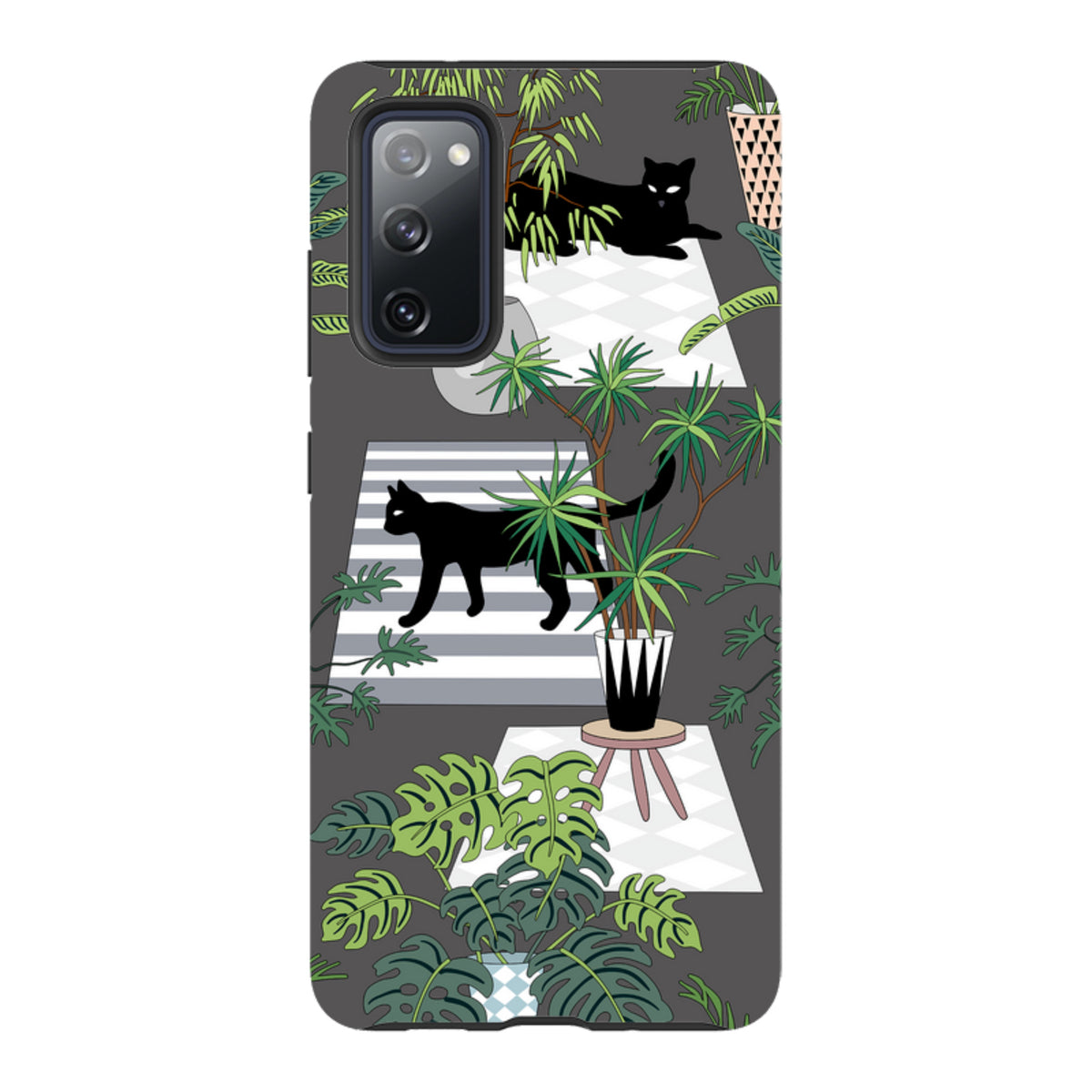 Samsung Tough Case featuring a dark gray background with black cats, potted plants, and geometric patterned rugs.