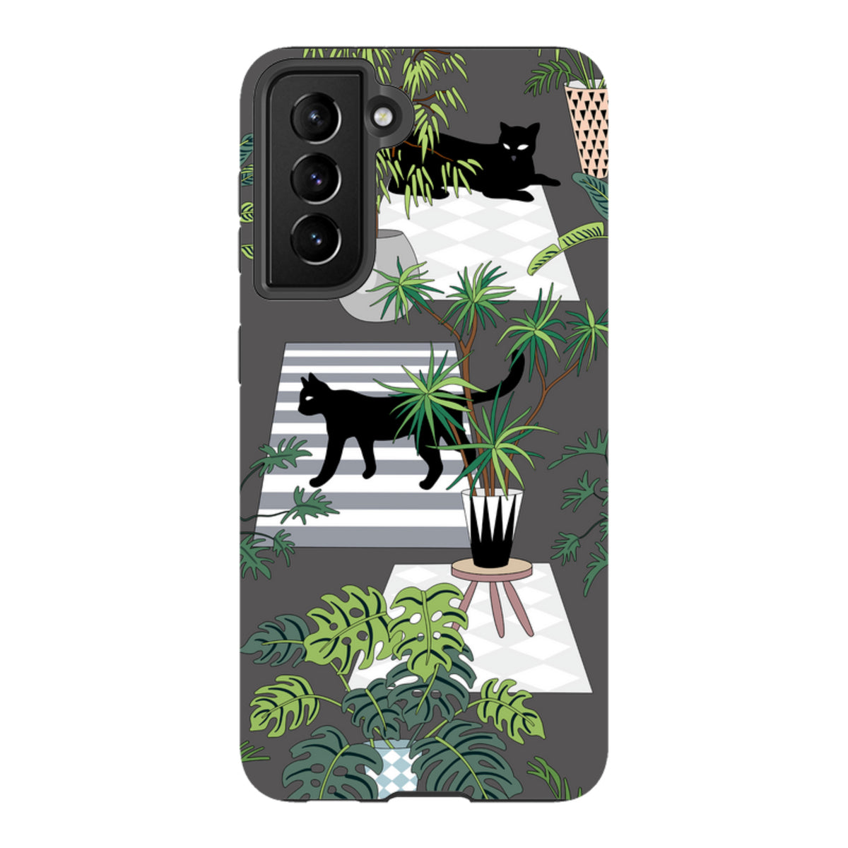 Samsung Galaxy tough case with a black cat and tropical plant pattern on a dark grey background.