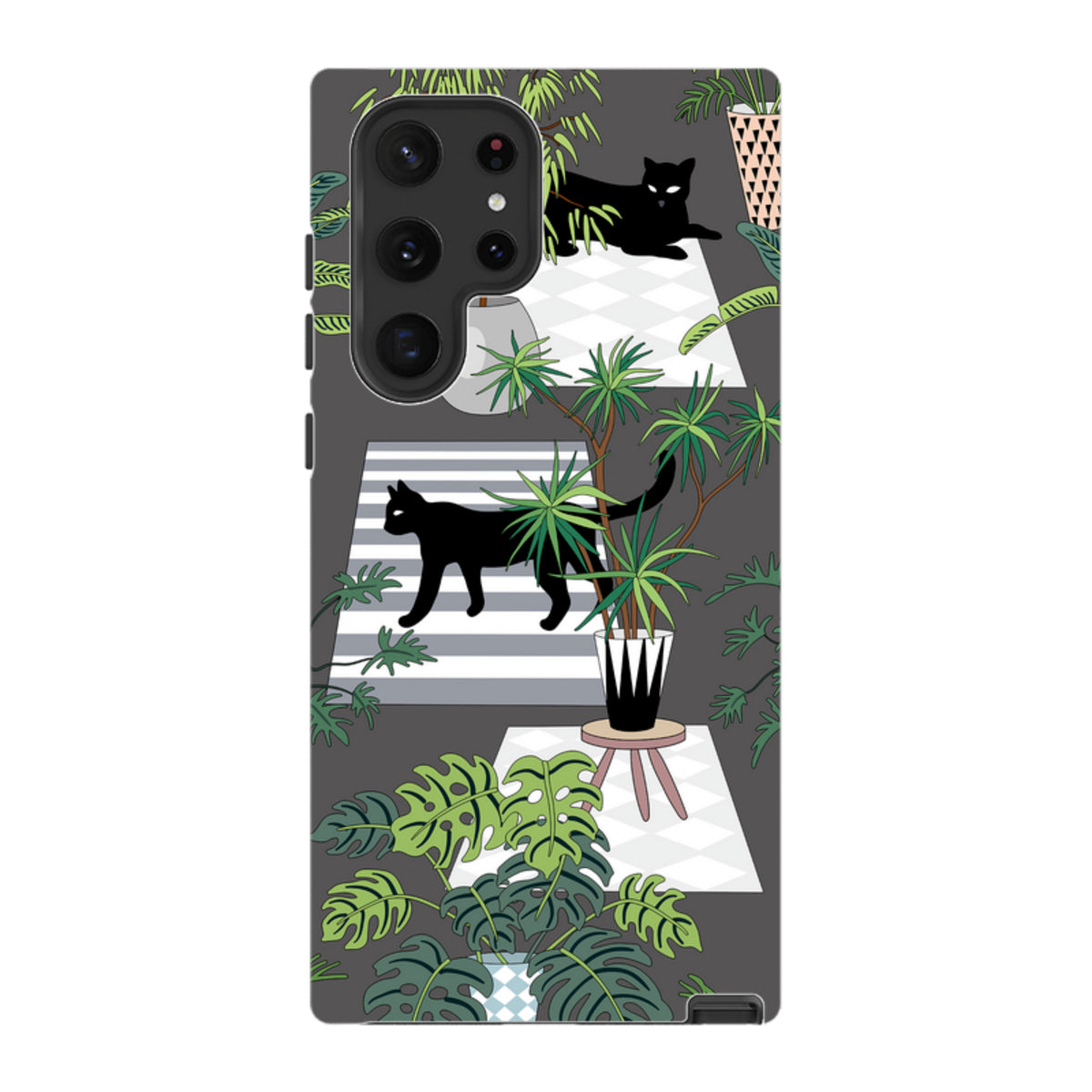 Samsung Galaxy tough case featuring a grey background with black cats, potted houseplants, and geometric rugs.