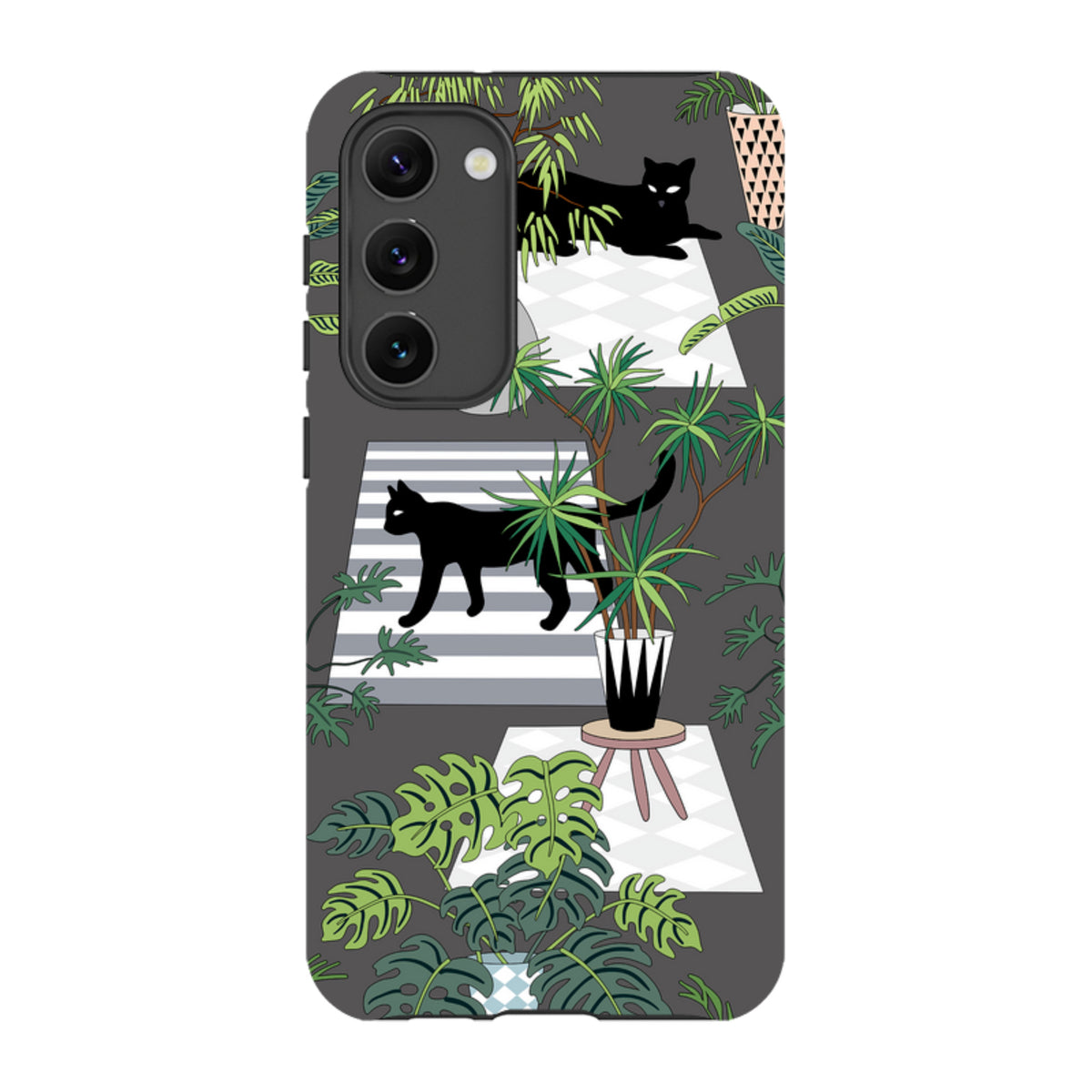 Samsung Tough Case featuring a black cat and houseplant pattern on a dark grey background with dual-layer protection.