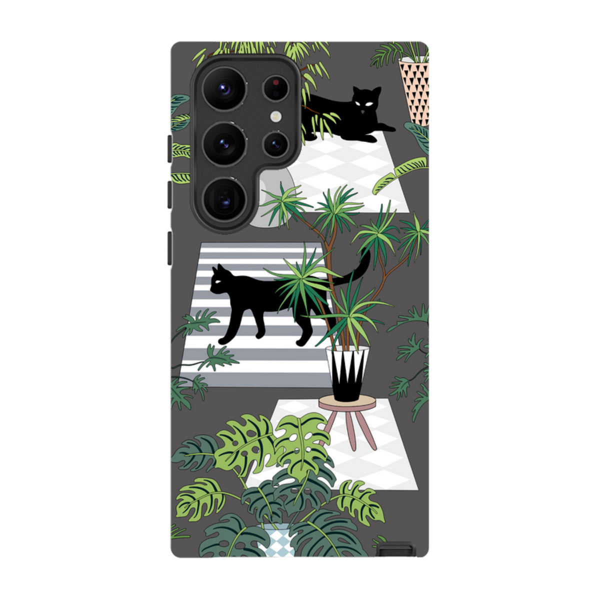 Samsung Galaxy tough case with a black cat and tropical plant pattern on a dark grey background.