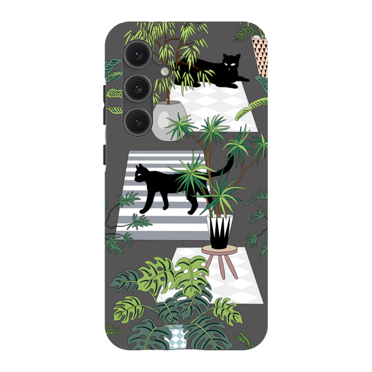Samsung Galaxy tough case featuring a dark grey background with black cats, potted houseplants, and geometric rugs.