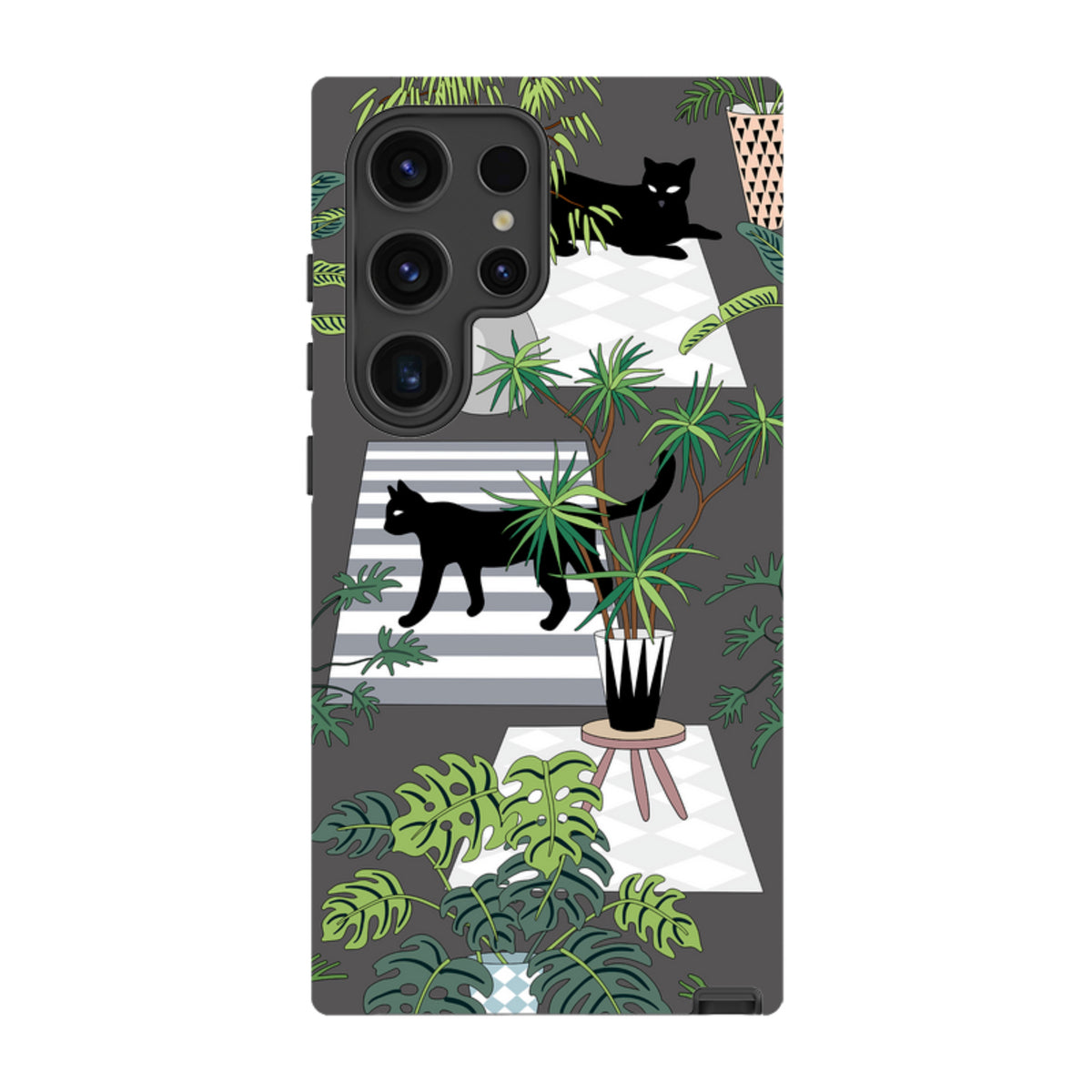Samsung tough case featuring a black cat and houseplant pattern on a dark grey background with dual-layer protection.