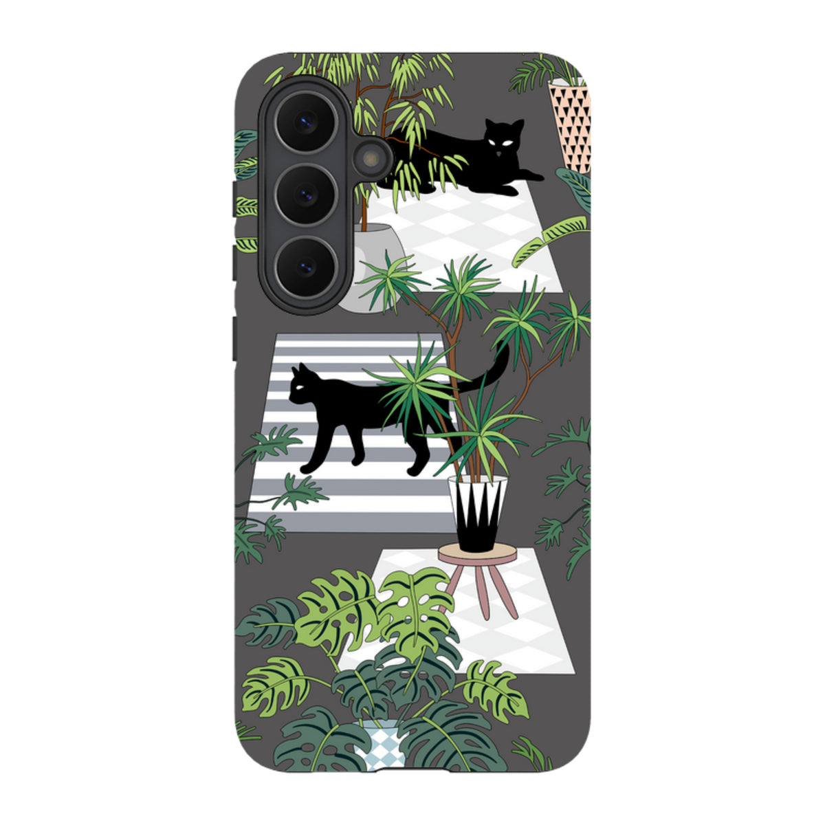 Samsung Tough Case featuring a black cat and houseplant illustration on a grey background with dual-layer protection.