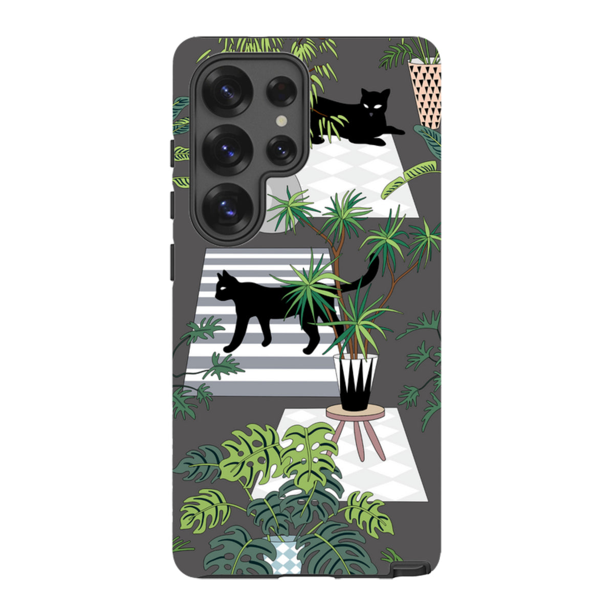 Samsung Tough Case featuring a black cat and tropical plant pattern on a dark grey dual-layer protective shell.