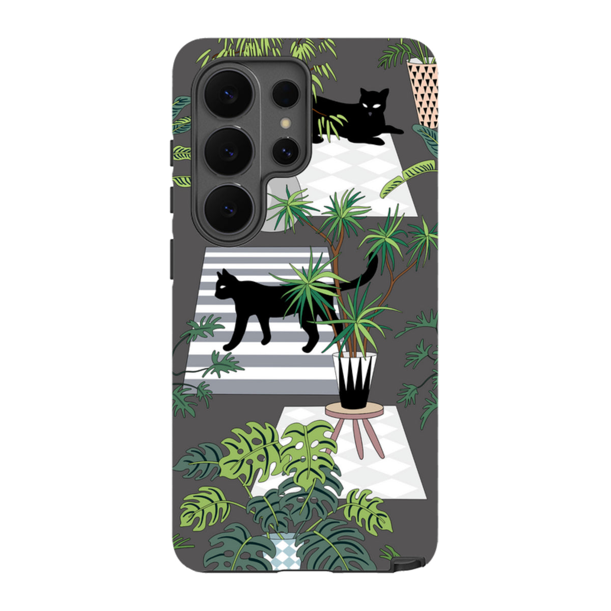 Samsung Galaxy tough case with a dark grey background, black cat illustrations, and green potted plant patterns.
