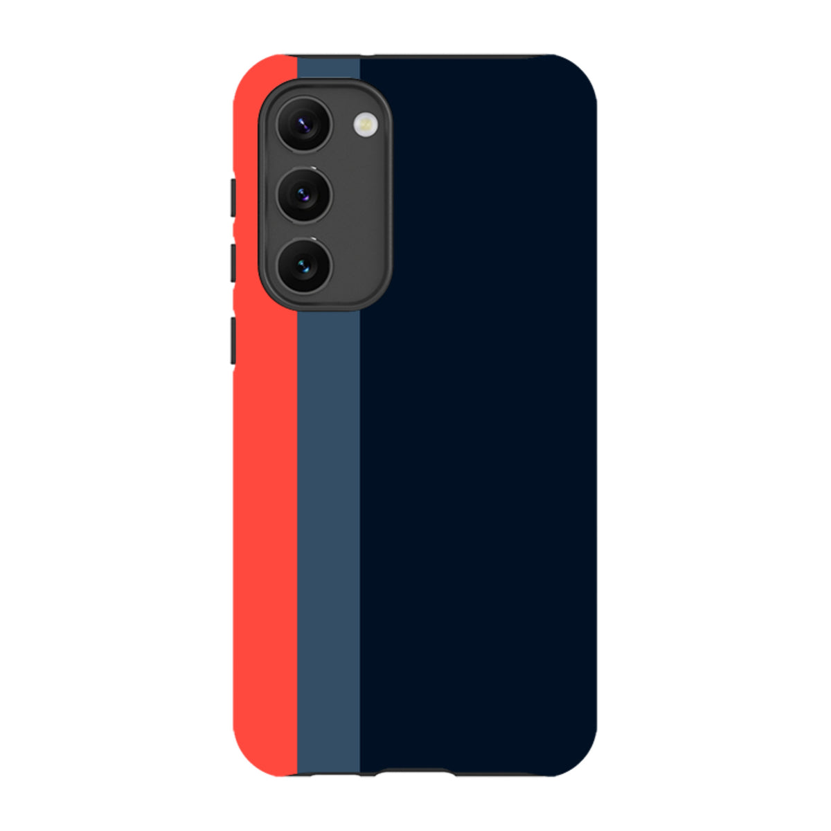 Samsung Galaxy tough case featuring a minimalist color-block design in vibrant red, slate blue, and navy black.