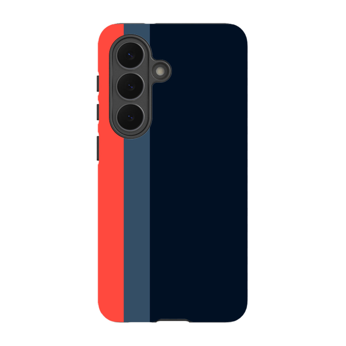 Samsung Galaxy tough case featuring a minimalist design with bold vertical stripes in red, grey, and navy blue.