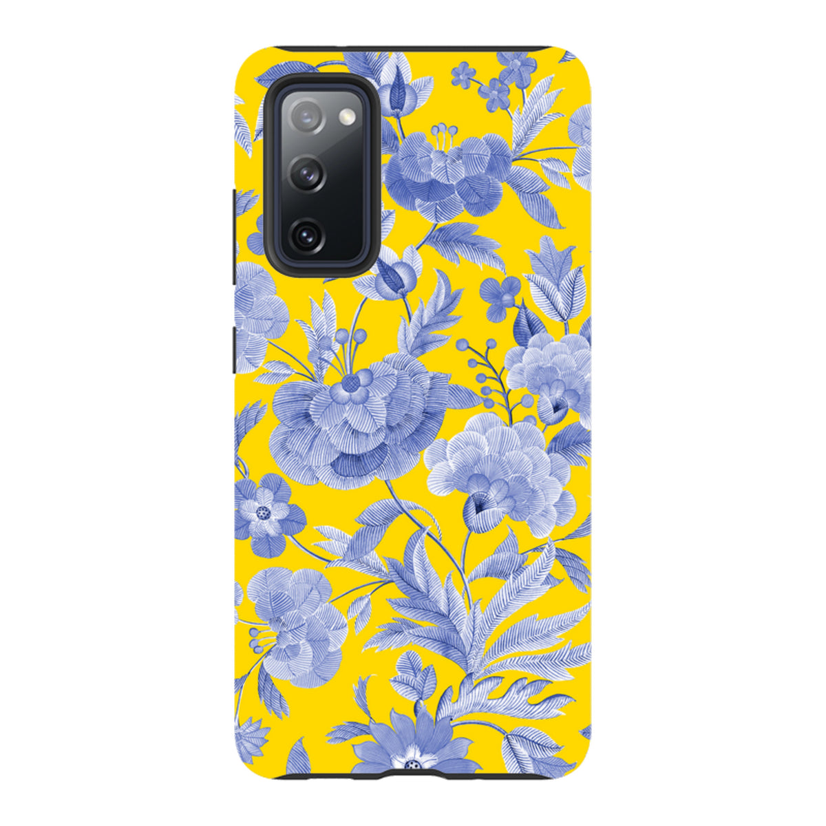 Samsung Tough Case featuring a vibrant yellow background with blue floral botanical artwork and a protective dual-layer design.