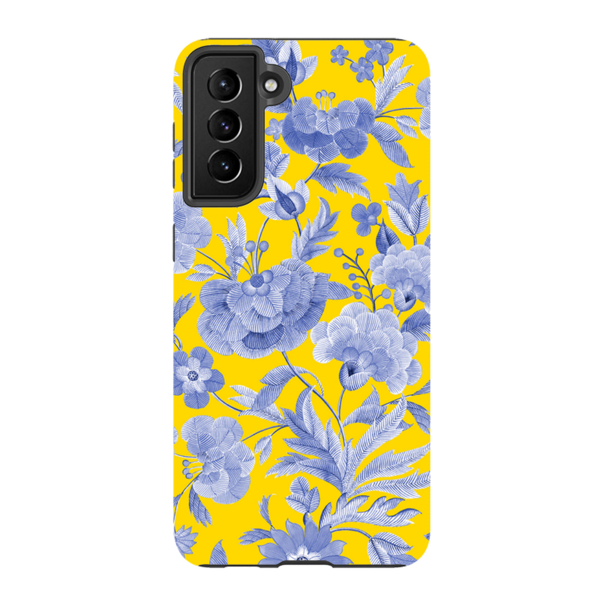 Samsung Tough Case featuring a vibrant yellow background with a blue floral Chartwell Gardens botanical print.