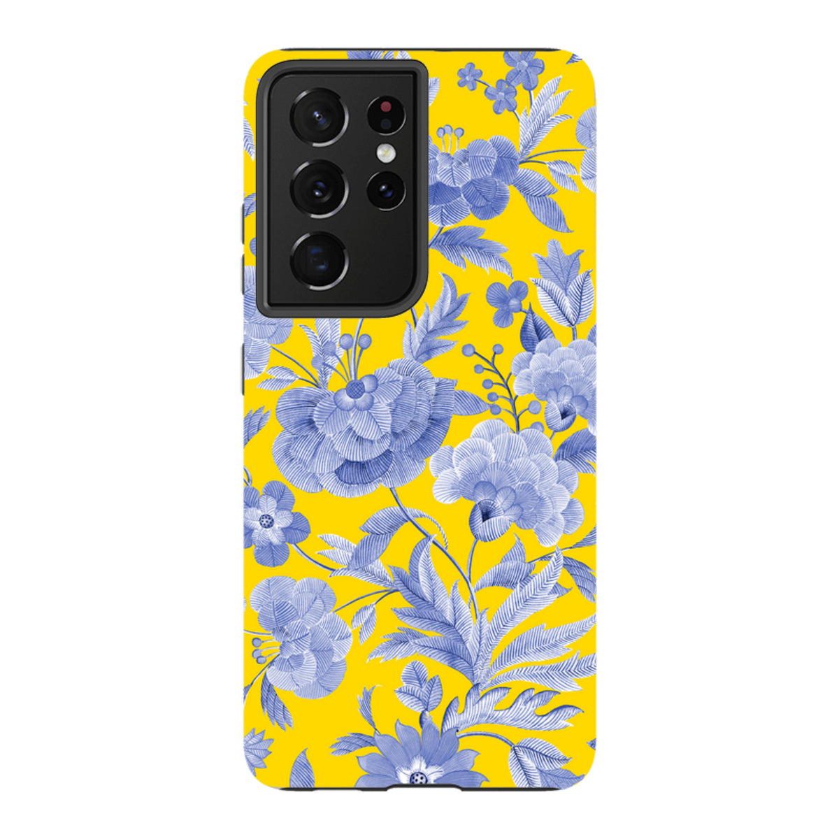 Samsung Tough Case featuring a bright yellow background with blue floral botanical patterns and a dual-layer protective shell.