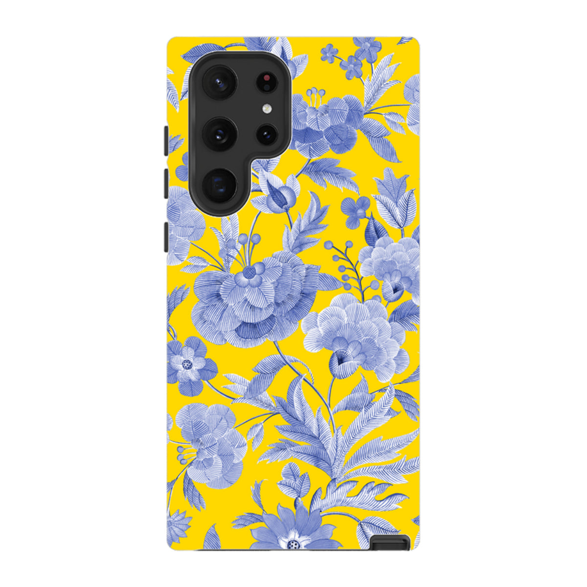 Samsung Tough Case featuring a vibrant yellow background with intricate blue floral and botanical garden patterns.