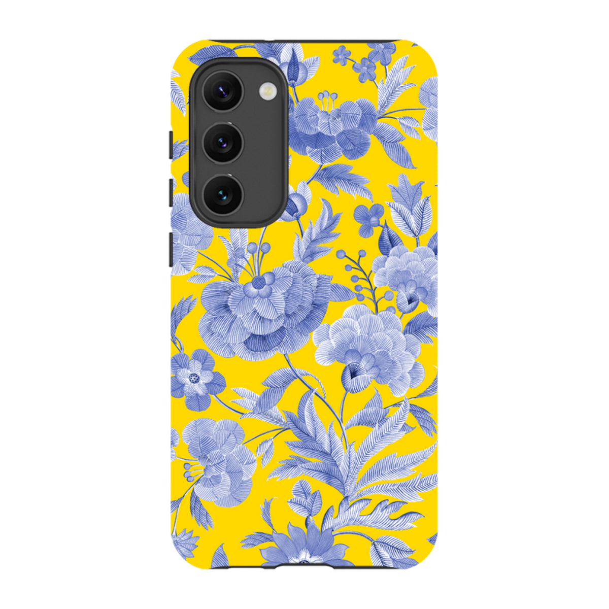 Samsung Galaxy tough case featuring a vibrant yellow background with a blue floral botanical print and triple camera cutout.
