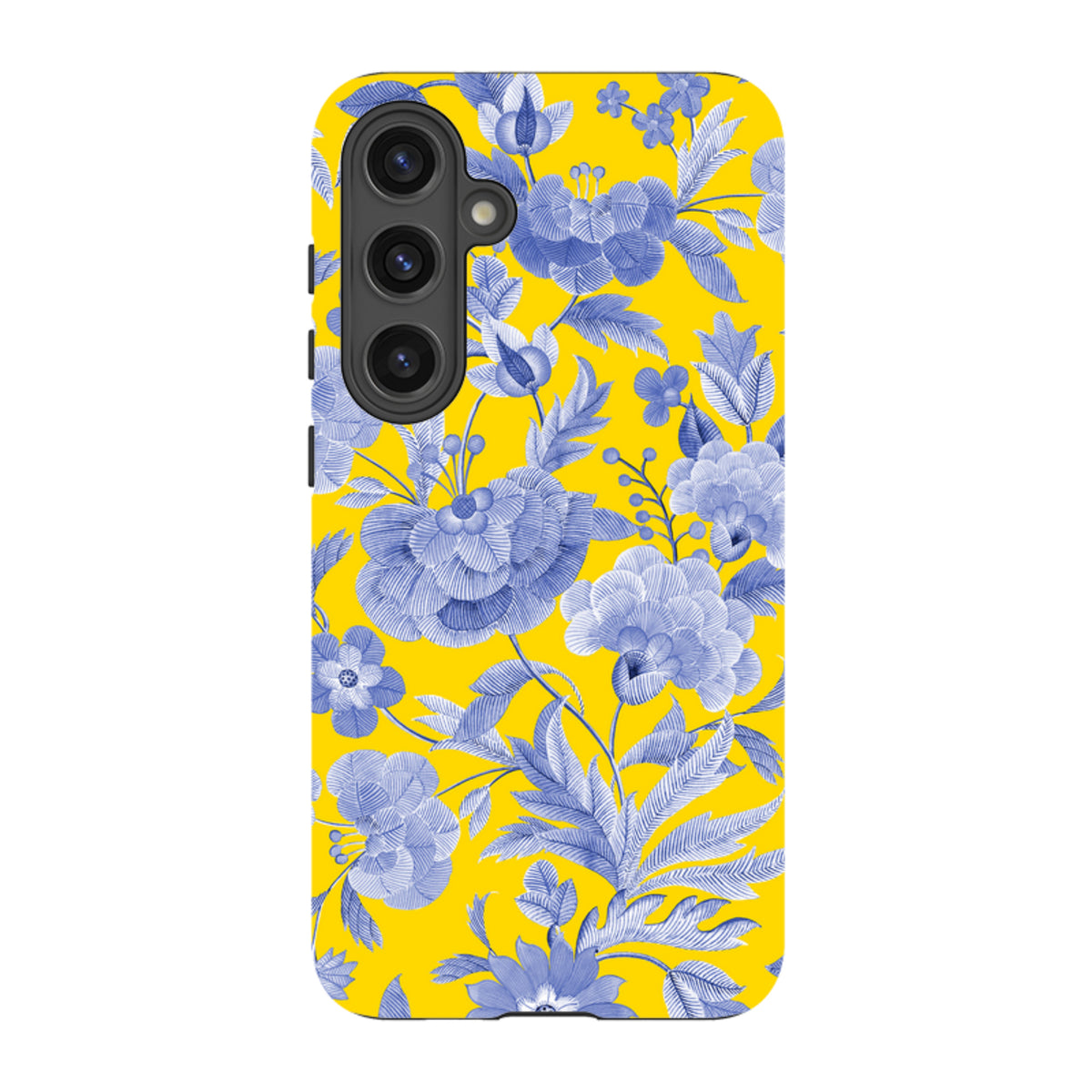 Samsung Tough Case featuring a vibrant yellow background with a detailed blue floral Chartwell Gardens botanical print.