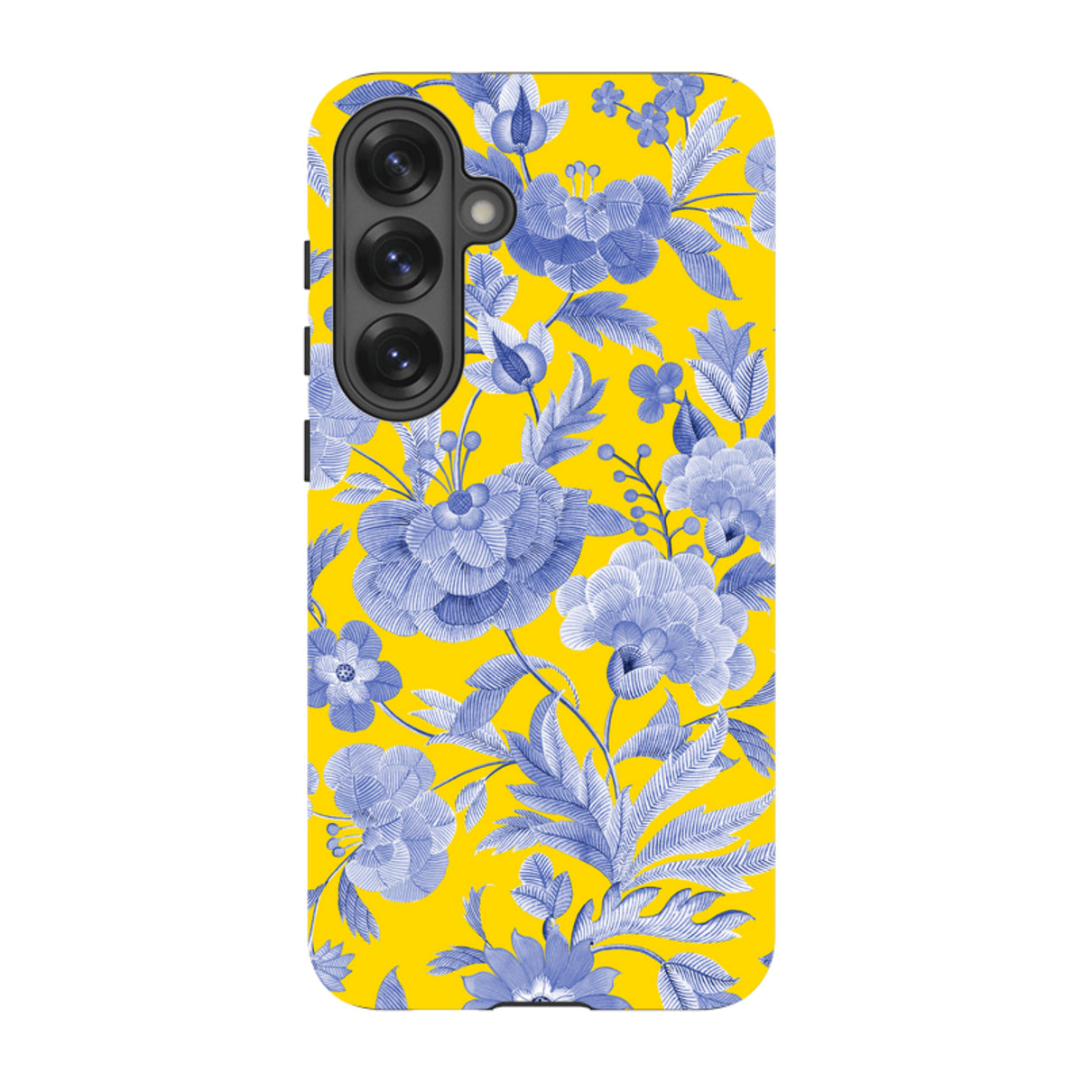 Samsung Tough Case featuring a vibrant yellow background with blue floral botanical patterns and a triple-lens camera cutout.